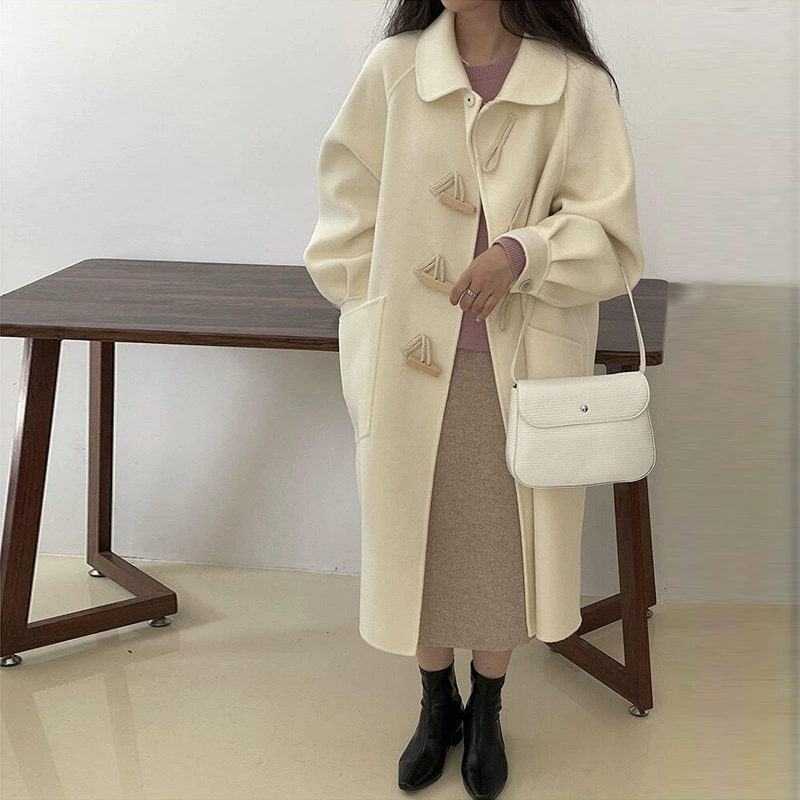 Long double-sided velvet woolen coat, jacket, doll, mid-length, for teenagers, puff sleeves, doll collar
