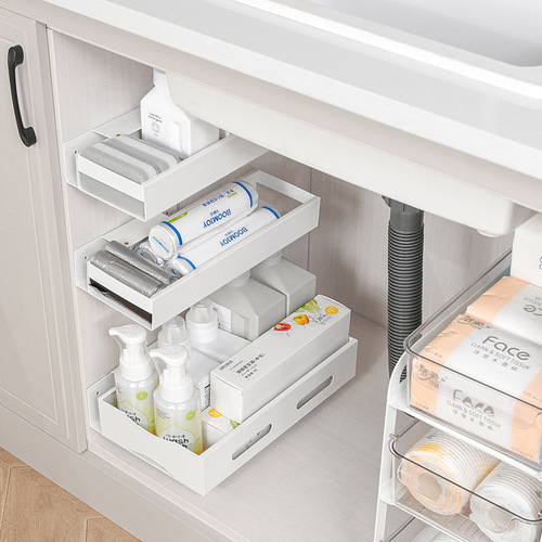 No punching drawer type kitchen cabinet pull basket kitchen telescopic track pull basket wrought iron under sink corner pull basket single layer