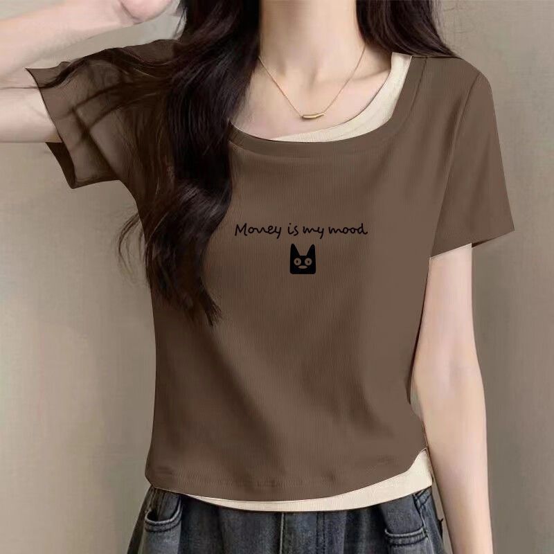 偽ツーピース純綿半袖 Tシャツ女性のための 2025 夏の新しい韓国スタイルスクエアネック右肩プリント不規則な Tシャツ女性のための|undefined