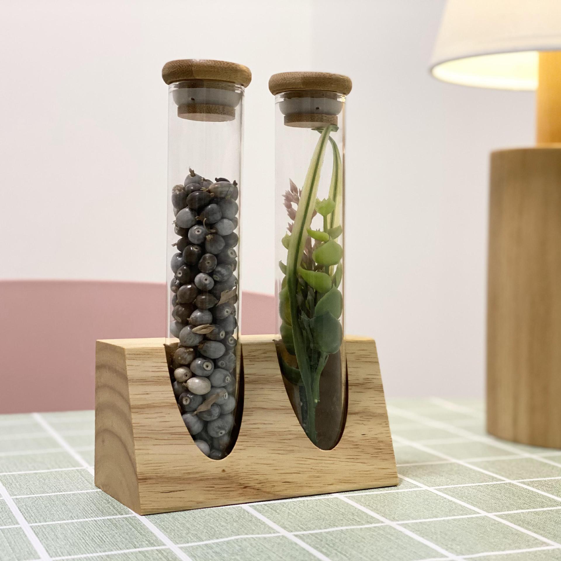 Tubo de ensayo de vidrio de borosilicato estante de exhibición de madera maciza muestra té granos de café cocina clasificación de almacenamiento tanque de almacenamiento