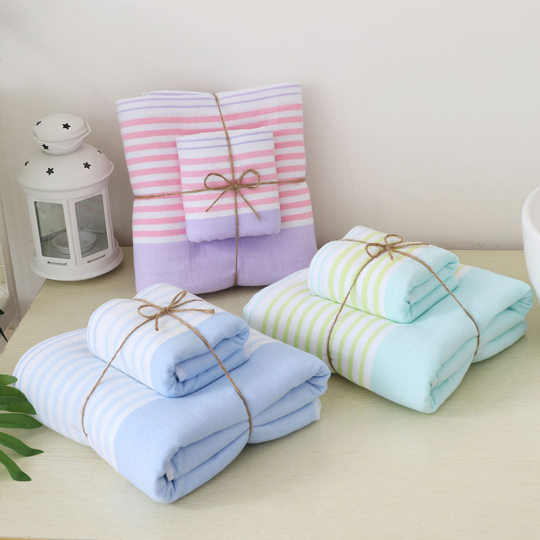 Fine color stripe cotton bath towel absorbent bath towel adult hotel gift wholesale half Terry half gauze beach towel
