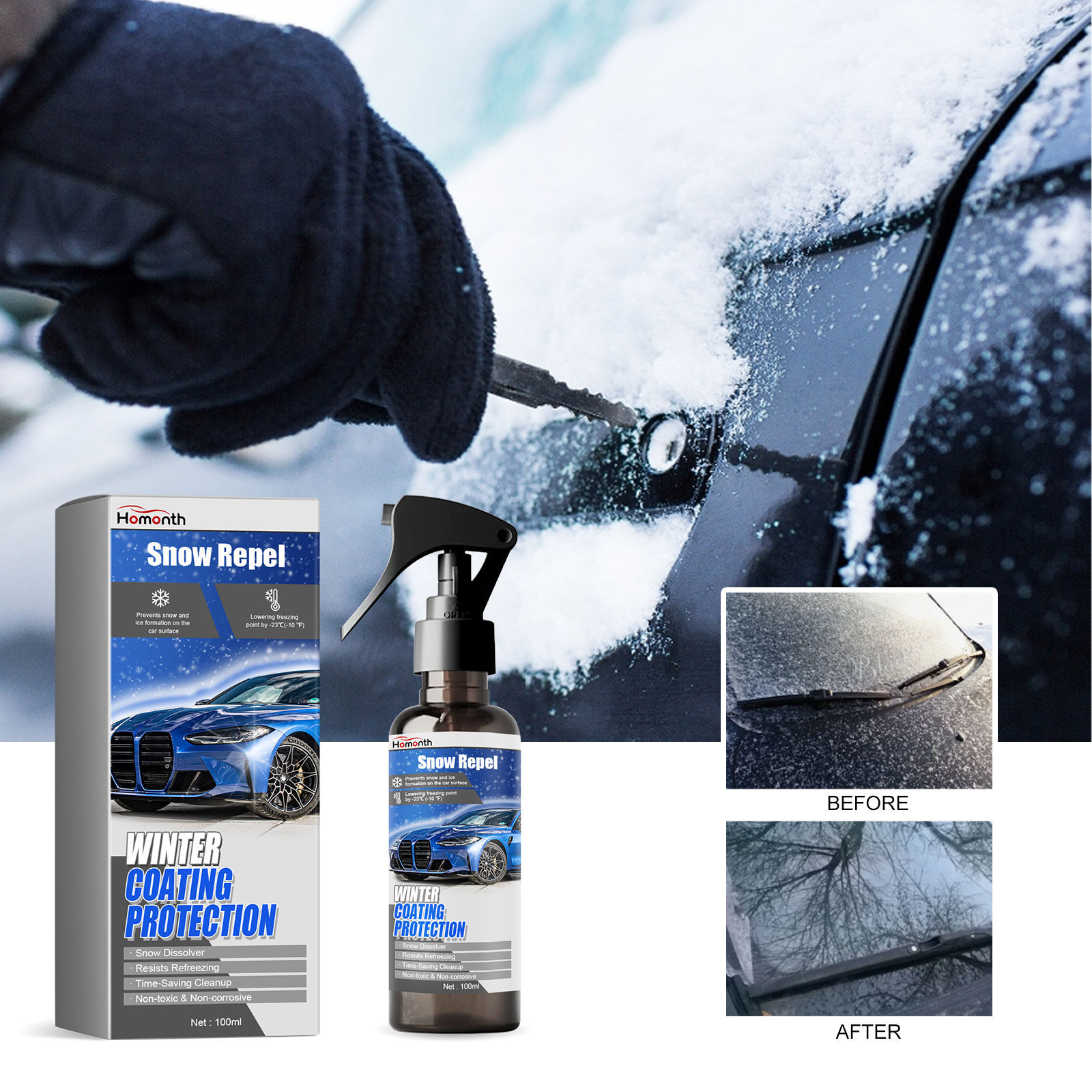 Homonth冬季涂层融雪喷雾 汽车挡风玻璃快速融雪除霜车用除冰剂