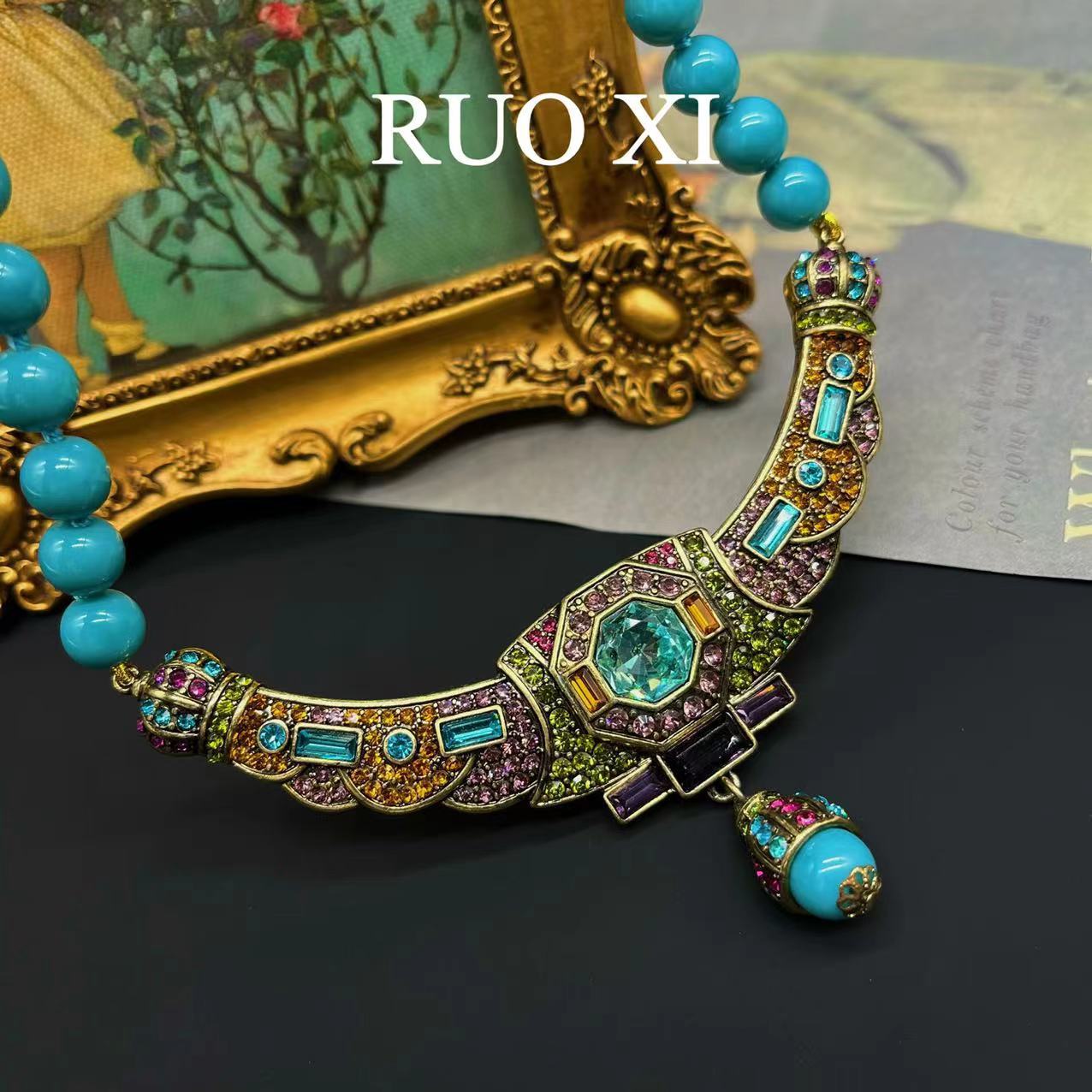 Qingdao Mediados de joyería antigua vintage europeo y americano rhinestone vintage collar azul turquesa piedra para montaña flash diamante