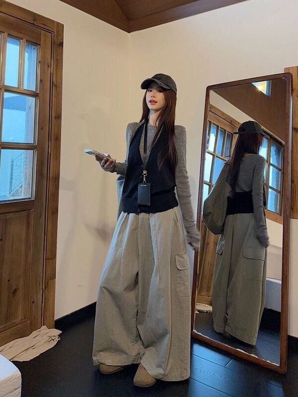 时尚韩系长袖针织衫叠穿挂脖背心女秋季显瘦百搭工装休闲裤三件套|undefined