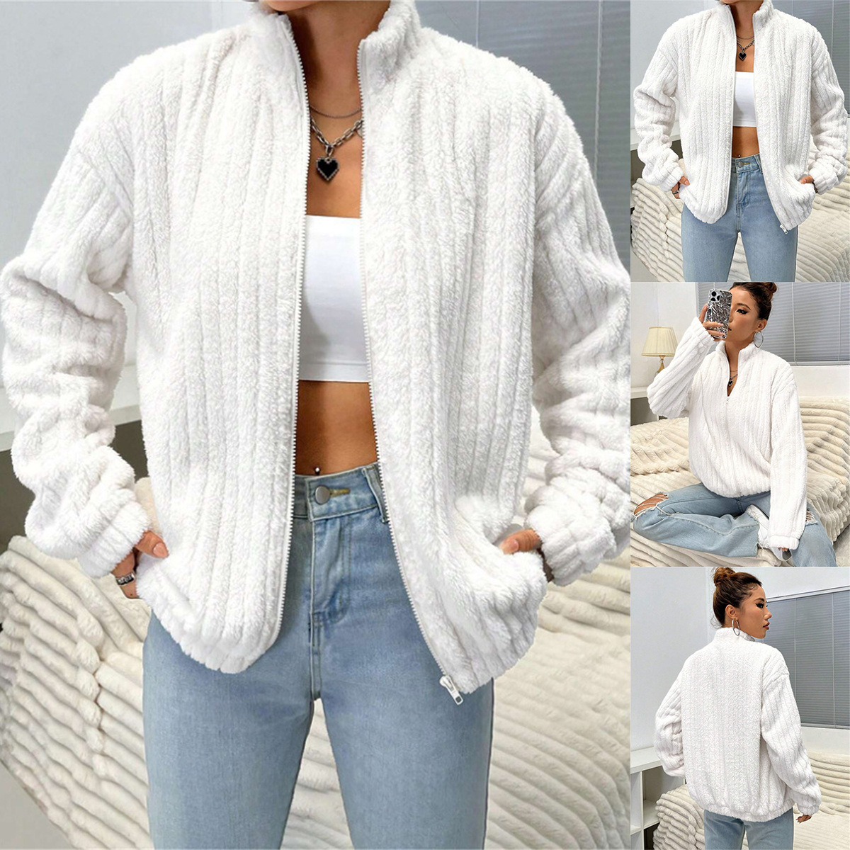 Women's Plush Fur Cardigan Coat – Stand Collar Short Jacket For Autumn & Winter (Sizes S-XL)_voghion.com