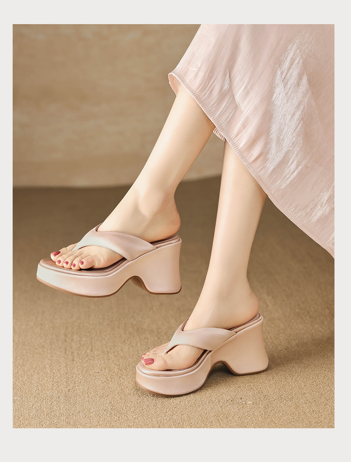 Dép sandal nữ xỏ ngón đế bệt, quai lụa mềm, đế tăng chiều cao nhẹ — màu đen, màu tím, màu mơ chi tiết 15