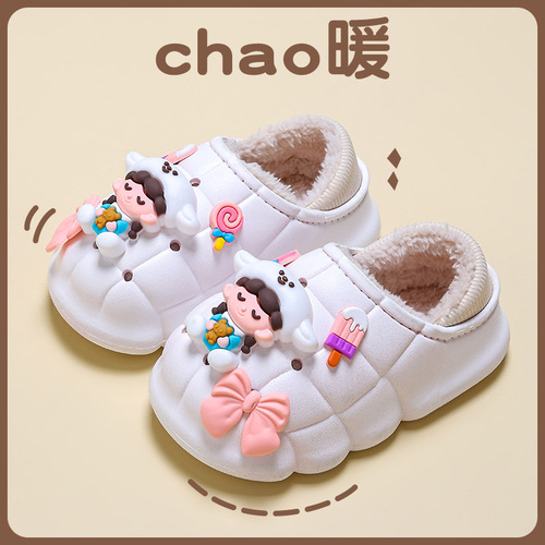 Baby and children's cotton slippers for boys and girls in winter, indoor waterproof and poop-feeling bags, parent-child cute home cotton shoes