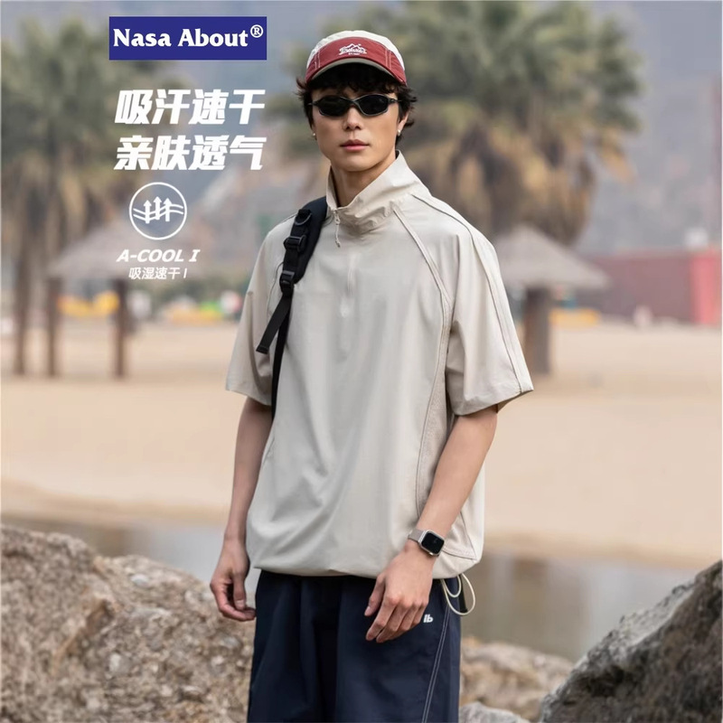 Nasa Trendy Brand Half-Sleeve Half-Zip Stand-Up Collar T-Shirt for Men Summer Sports Loose Ice Silk Breathable Short-Sleeved T-Shirt Top Nasa Trendy Brand Half-Sleeve Half-Zip Stand-Up Collar T-Shirt for Men Summer Sports Loose Ice Silk Breathable Short-Sleeved T-Shirt Top