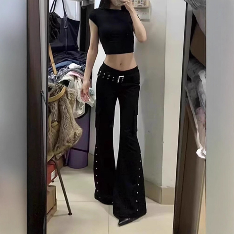 Hot Girl Black Low-Waist Rivet Micro-Flared Jeans for Women Spring & Fall New Retro Slim Slim Floor-Length Trousers