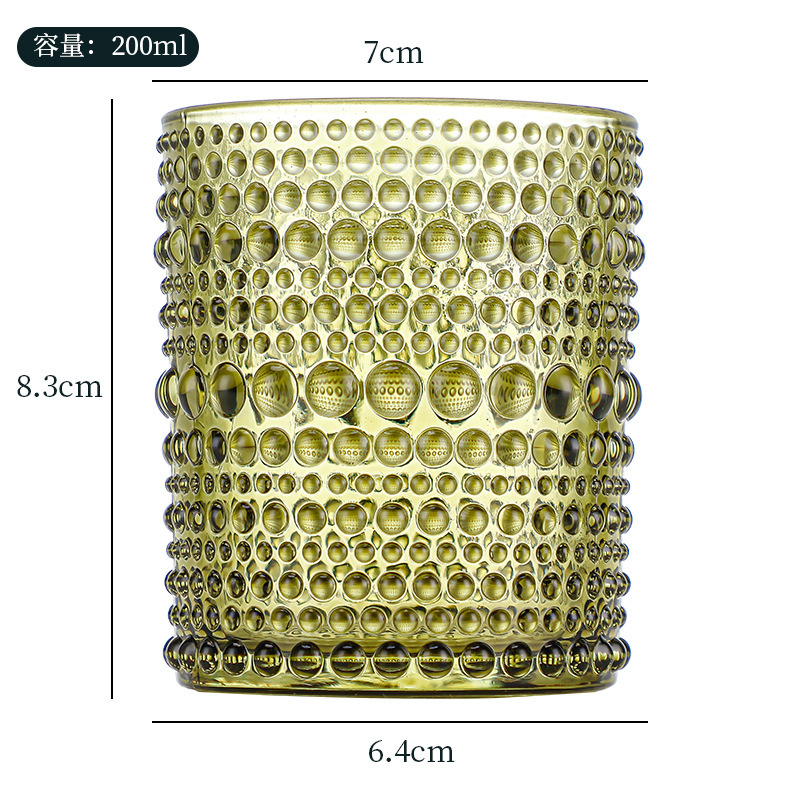 Vaso de vidrio de colores en stock, vaso de vidrio con relieve para velas, vaso de vidrio con rayas ámbar, vaso de vidrio con patrones verdes en stock