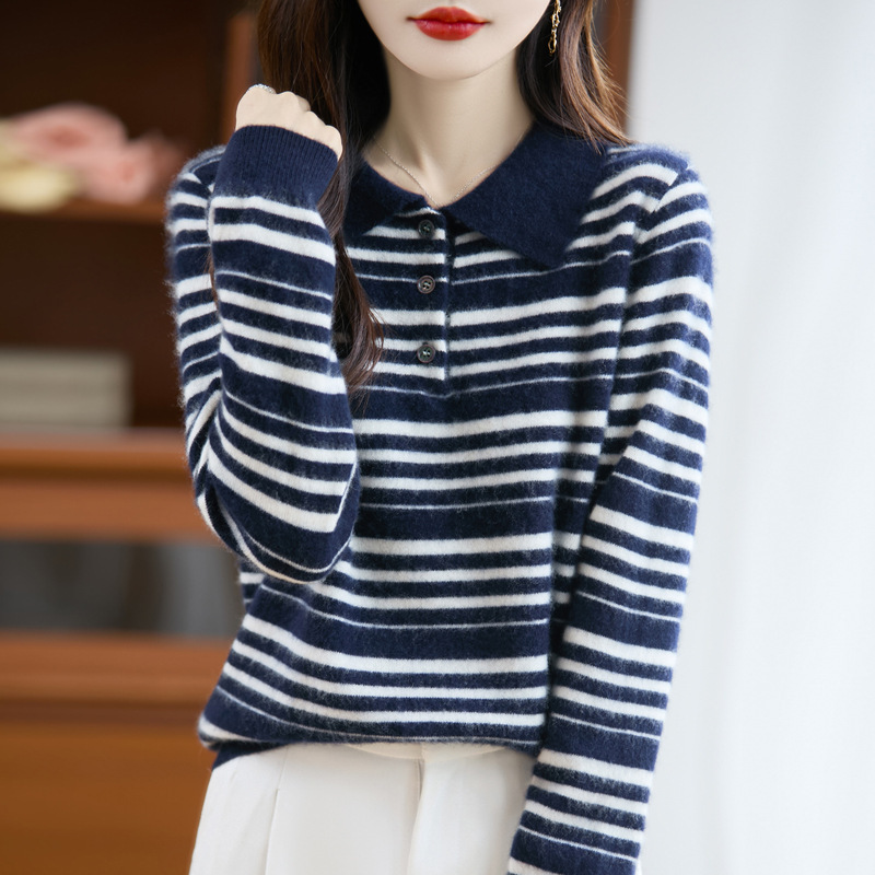 翻领拼色条纹100纯羊毛针织衫女秋冬内搭毛衣长袖女装打底衫上衣|undefined