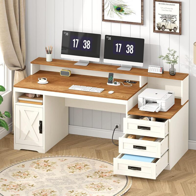 Cross-Border Exclusive American-Style Farmhouse Computer Desk with Drawers, 65inch (Approximately 165cm) Factory Customized