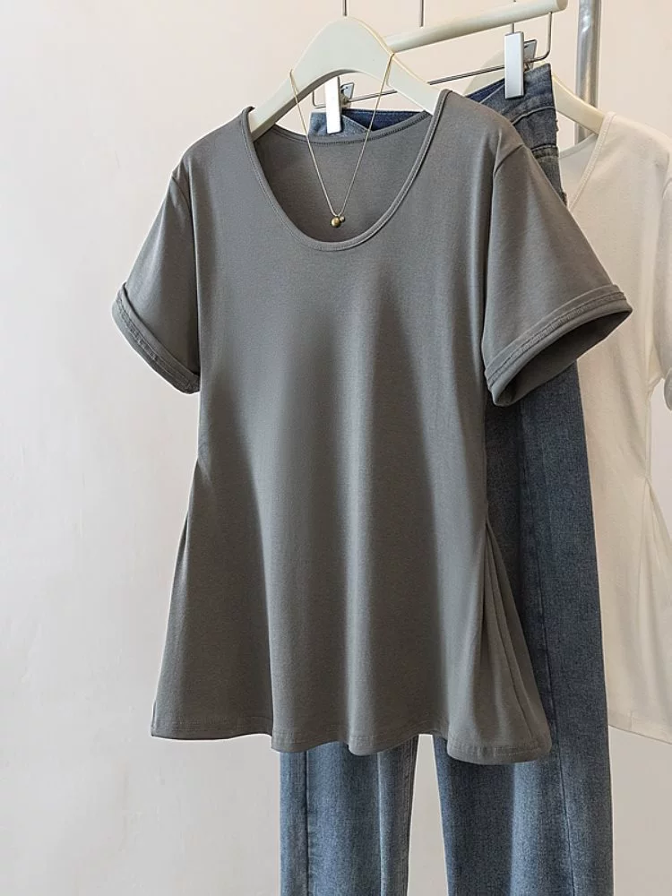 Женская летняя футболка больших размеров, закрывающая талию, живот, правое плечо, с короткими рукавами, толстая мм, утягивающая юбка, стильный топ