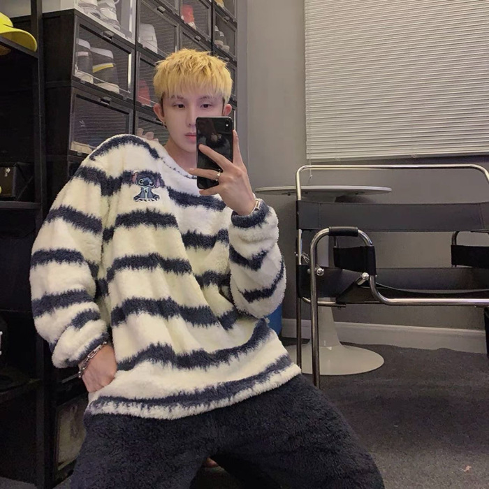 Hombres otoño invierno coral veludo pijama juvenil cuello redondo dibujos animados ocio deporte grueso abrigo conjunto de ropa para el hogar