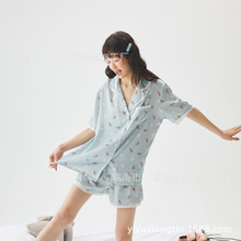 网红新款小棕熊冰丝休闲睡衣女 夏季可外穿女士短袖短裤睡衣套装
