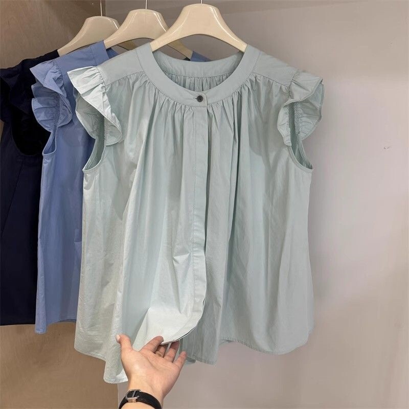 Sweetly Designed Doll Shirt with Flying Sleeves, Solid Color Round Neck Blouse for Women, Summer Niche Sleeveless Chic Top for Women