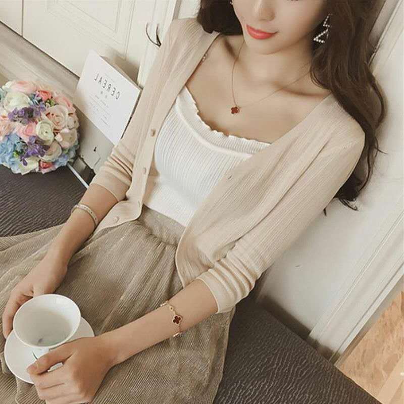 Summer Seven-point Sleeve Ice Silk Knitted Small Shawl Korean Style Spring and Autumn All-match Thin Jacket Women's Sunscreen Cardigan Outer Short