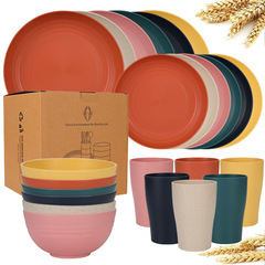 Amazon Temu 人気の小麦わら食器 6人用 プレート、ボウル、カップ 24個 食器セット ディナープレート スープボウル