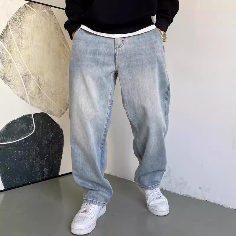 Light Blue Jeans Men's Spring and Autum American Casual Handsome Retro Loose Large Size Straight Wide Leg Trousers Trendy Light Blue Jeans Men's Spring and Autum American Casual Handsome Retro Loose Large Size Straight Wide Leg Trousers Trendy