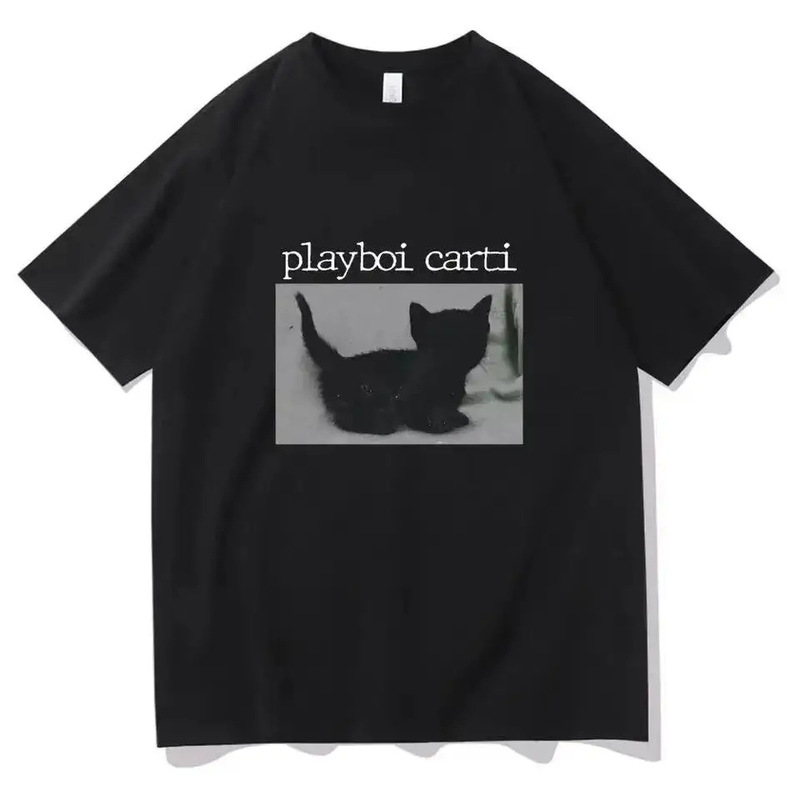 Cross-Border Export Playboi Carti Hip-Hop T-Shirt Cute Cat Harajuku Print T-Shirt Regular Men's Top