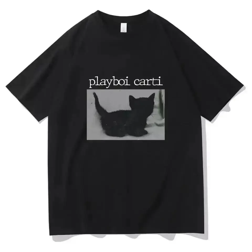 跨境外贸Playboi Carti嘻哈T恤可爱的猫原宿印花T恤普通男士上衣
