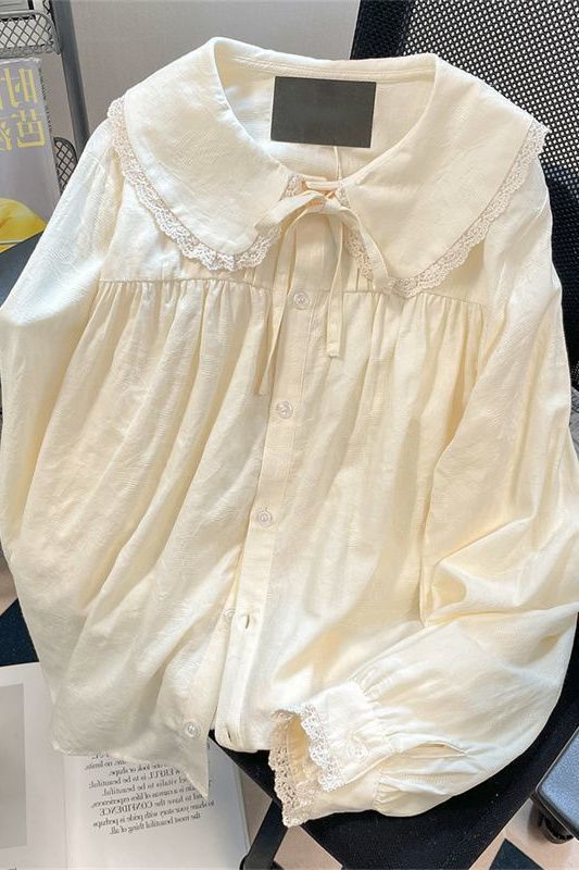 法式甜美小众娃娃领花边长袖衬衫女秋季小个子BF慵懒风内搭上衣女