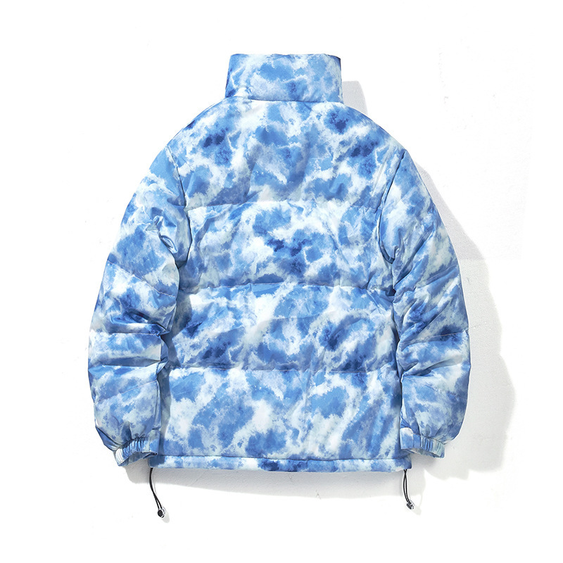Tie-Dye Stand Collar Puffer Jacket – Unisex Winter Coat With Color-Blocked Design (Blue/Brown)_voghion.com