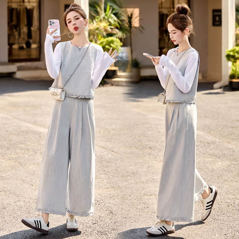 2025 весна и лето новый сшитый гриб кружевной жилет жилет из девяти укороченных брюки широкие брюки стильные повседневные наборы из трех частей