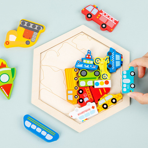 Wholesale wooden enlightenment early education educational baby 3-6 years old animal transportation hexagonal three-dimensional children's puzzle toy