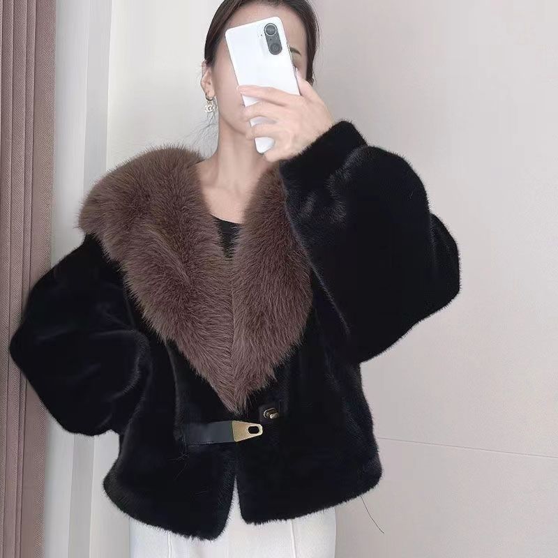 Women's Mink Fleece Coat, Autumn/Winter Style, Elegant and High-End Color-Blocked Shawl with Fur Collar, Short Top