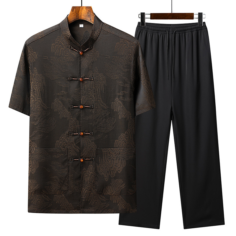 2025 Summer Chinese Style Tang Suit Men's Jacquard Short Sleeve Shirt Middle-Aged and Elderly Han Dynasty National Clothing Chinese Style Buttons