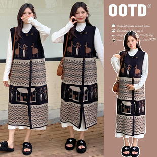 2024 new pregnant mother Japanese retro knitted sweater vest skirt + semi-high collar knitted base dress