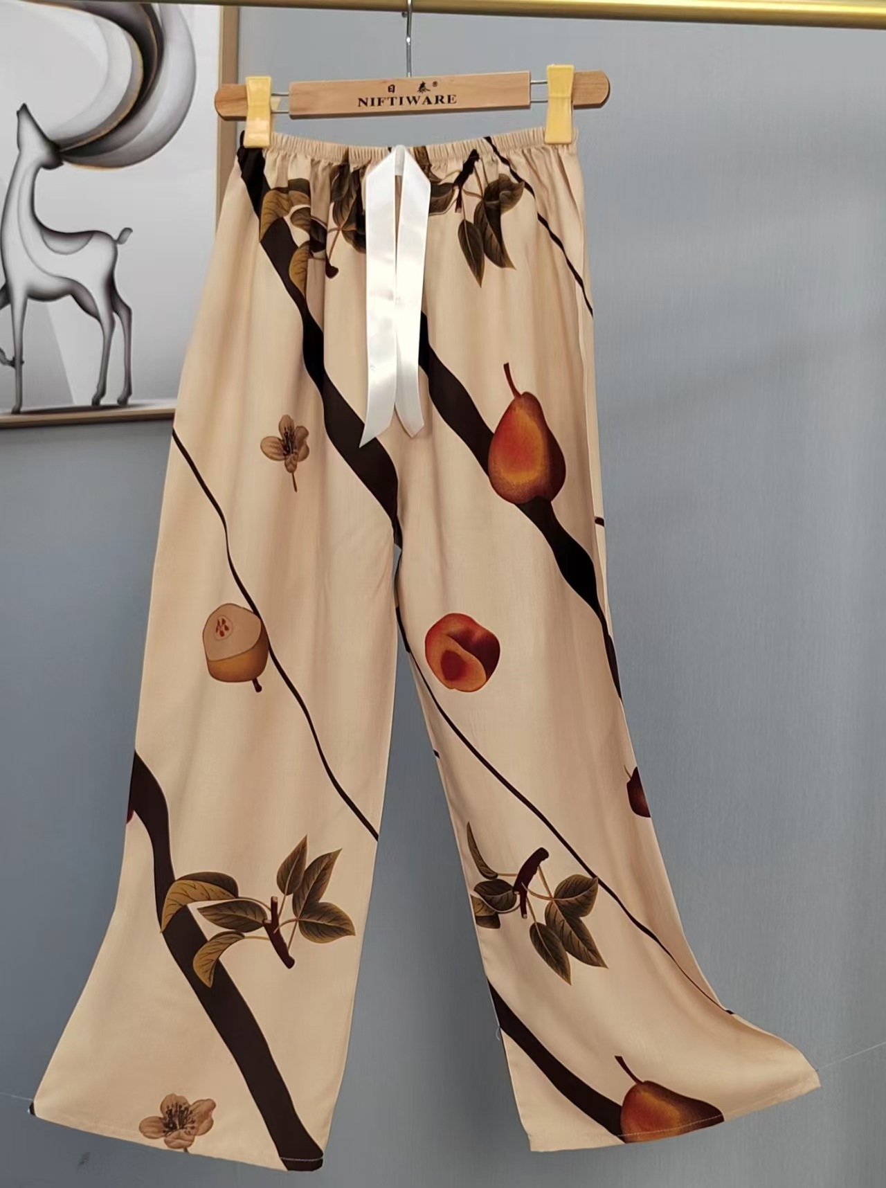 Pijama de seda de algodón para mujer, pantalones anchos de mujer embarazada de seda de algodón con estampado fino de verano