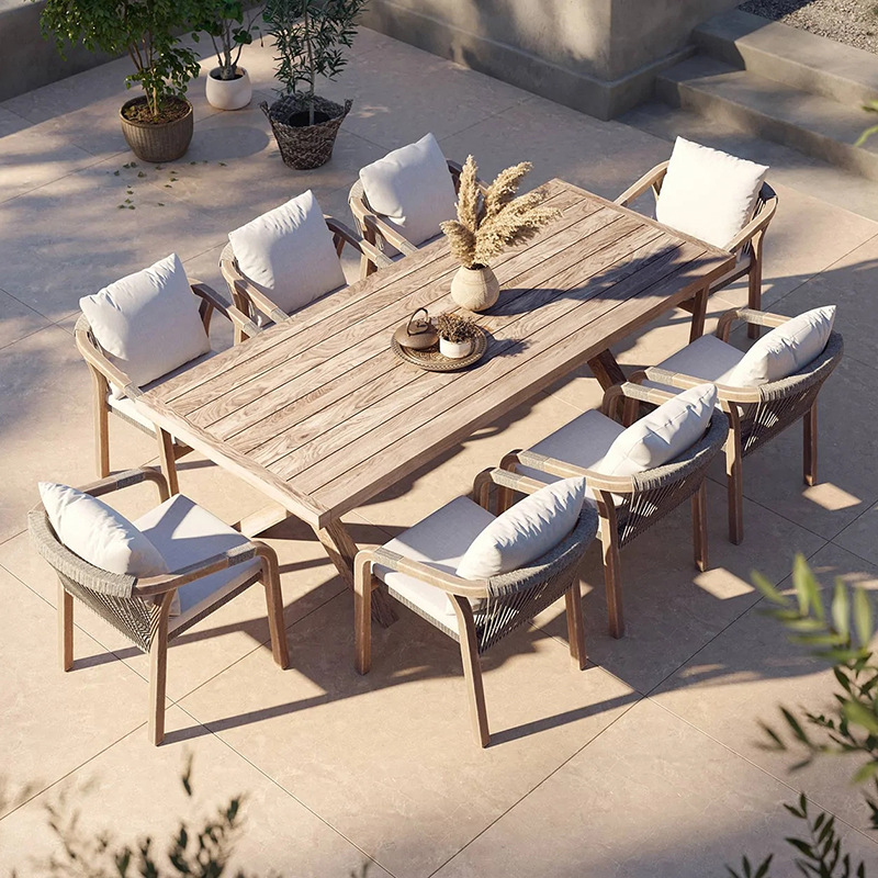 Mesas y sillas de teca para exteriores para villas, hoteles, patios, jardines, ocio al aire libre, terrazas de ratán, muebles de madera maciza impermeables y resistentes al sol.