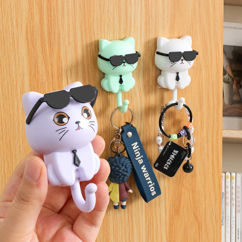 Creative cat head with sunglasses cartoon hook non-perforated strong paste hook kitchen bathroom seamless hook factory