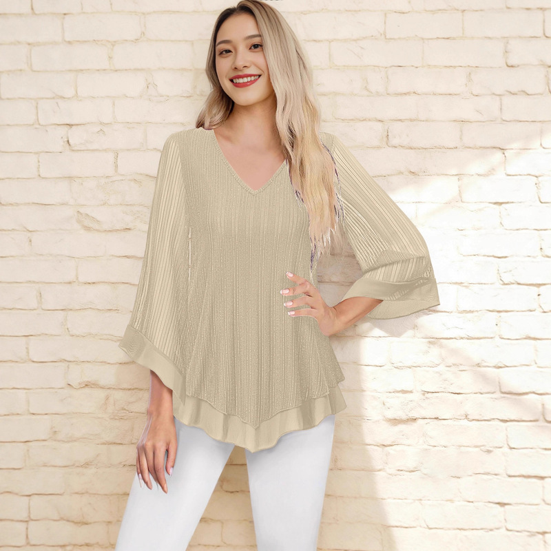 European and American Cross-Border Women's Clothing on Amazon: Lace V-Neck Long-Sleeve Plus-Size Women's Solid Color T-Shirt Fashion