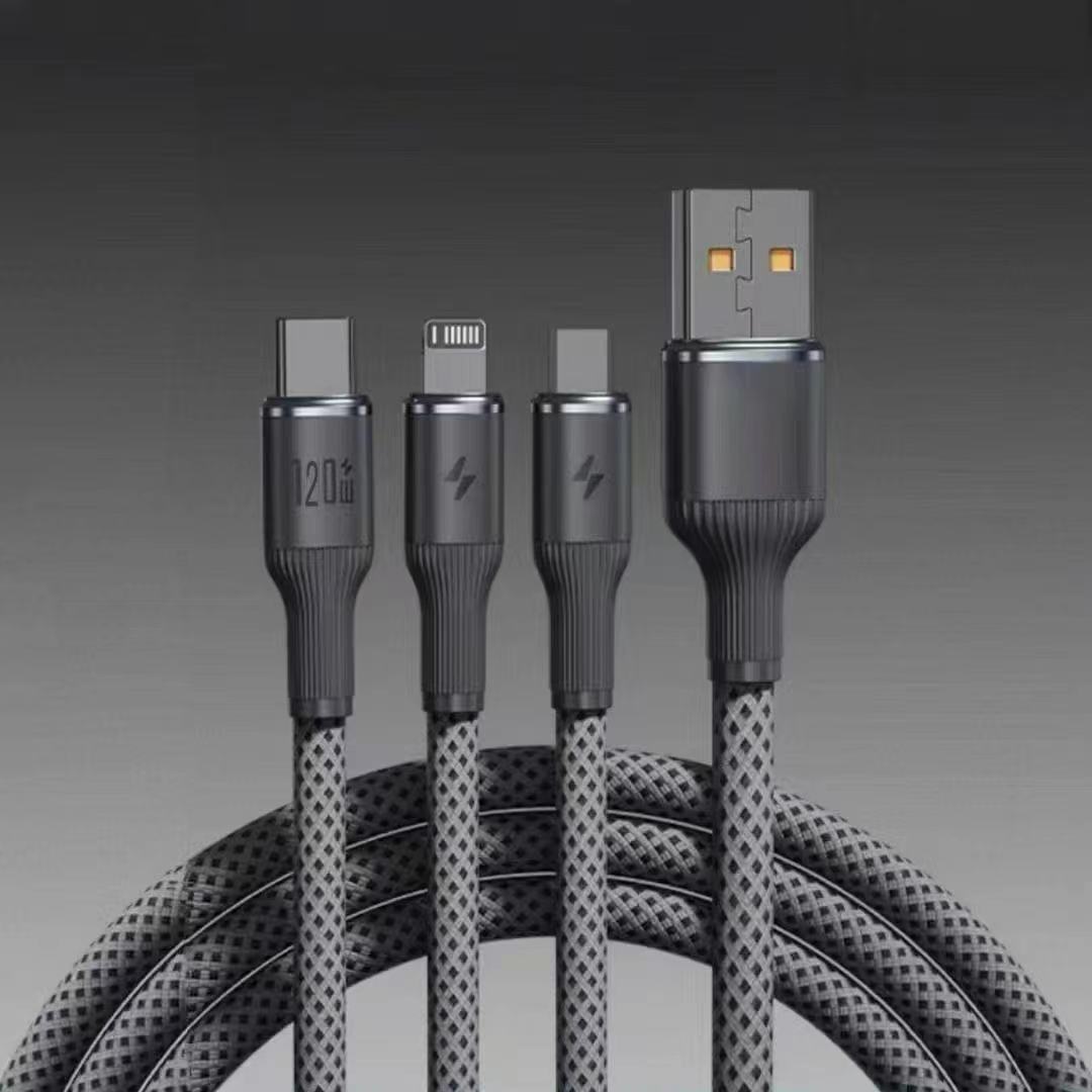 Üçü bir arada 120W süper hızlı şarj edilebilen örgülü cep telefonu şarj kablosu, Apple Type-C ve Android veri kabloları için uygundur. - 7