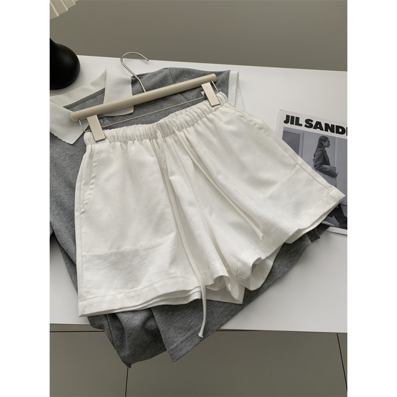 Washed Cotton Linen-Like White Drawstring Shorts for Women, Simple Korean Style A-Line High-Waisted Wide-Leg Pants, Summer 2026 Ins