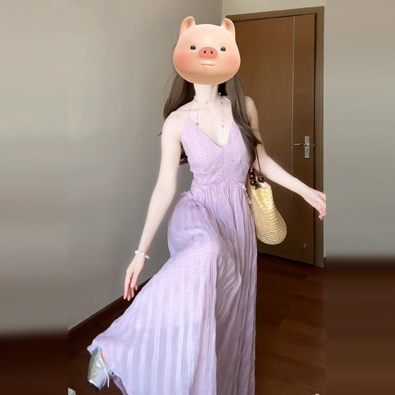 大码超好看绝美海边度假露背收腰挂脖吊带连衣裙子长裙显瘦遮肚子|undefined