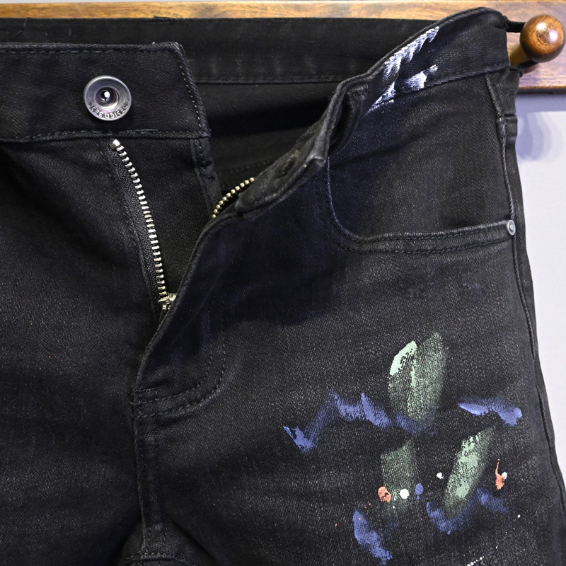 Men's Clothing Men's Street Style Ripped Jeans Distressed Black Gray Washed Paint Print Slim Fit Skinny Jeans_mkmklike.com