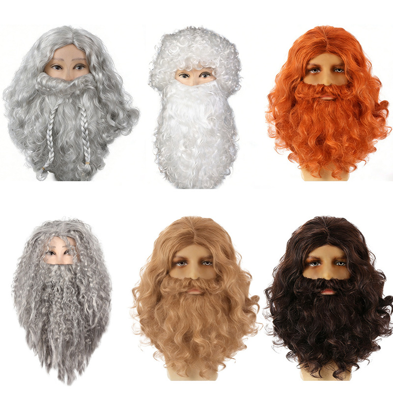 Halloween Jesus Wig Costume, Long Curly Wig for Elderly, European and American Christmas Beard, Brown Wig, Funny Headgear Halloween Jesus Wig Costume, Long Curly Wig for Elderly, European and American Christmas Beard, Brown Wig, Funny Headgear