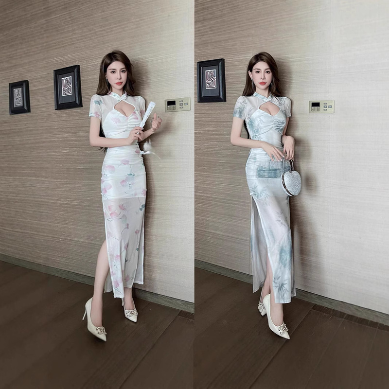Chinese Style Improved Cheongsam Dress Women's Summer New Mesh Skirt Slimming Look Slit Hip-Covering Mid-Length Skirt