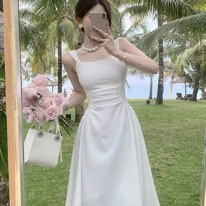 Gentle Style Square Collar Strap Solid Color Dress Summer Women's French Slim-fit High Waist Elegant Over-the-Knee Mid-length Dress