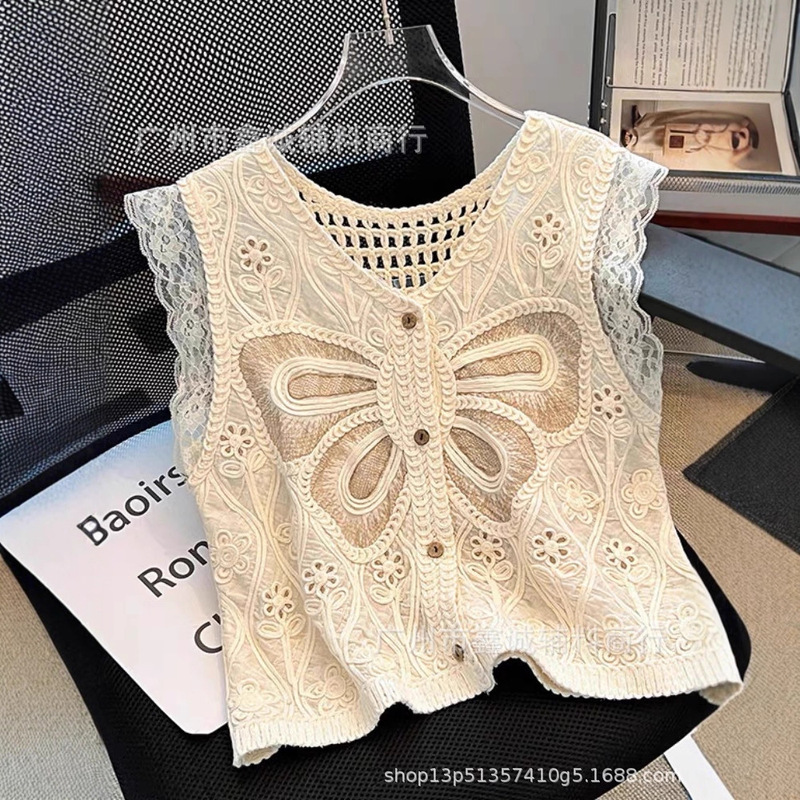 Lace Patchwork Butterfly Embroidery Hollow Lace Knitted Vest Vest for Women Summer New Style Outer Cardigan Top