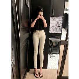 春秋白色美式高腰高个子显腿长铅笔裤磨毛弹力小脚裤紧身牛仔