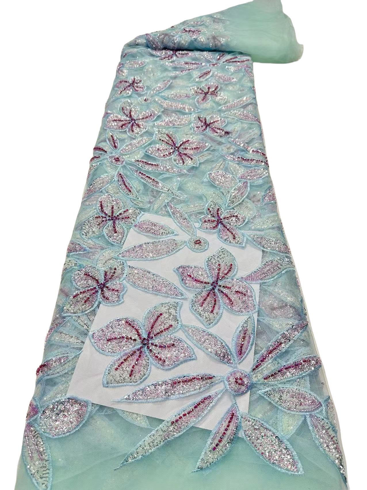 Flores de hojas bordadas de encaje bordado tela de alto lujo vestido de boda vestido de tela en stock
