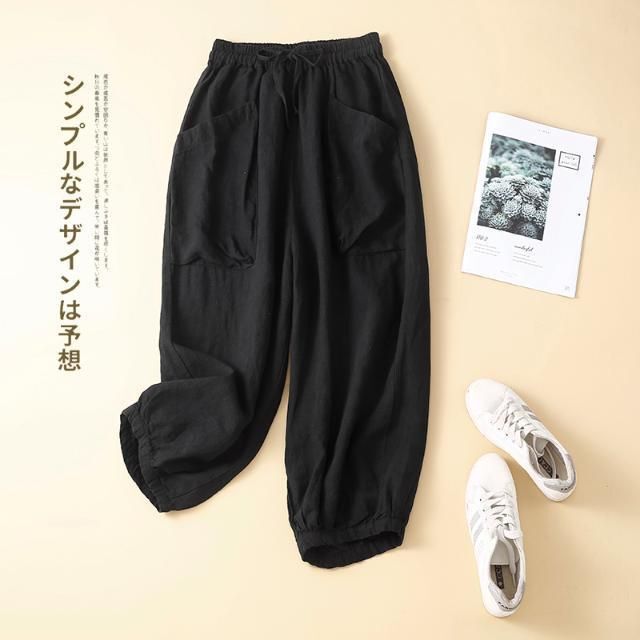 Summer New Versatile Cotton and Linen Cropped Harem Pants with Elastic Waist and Pocket Design, Casual Loose Pants for Women