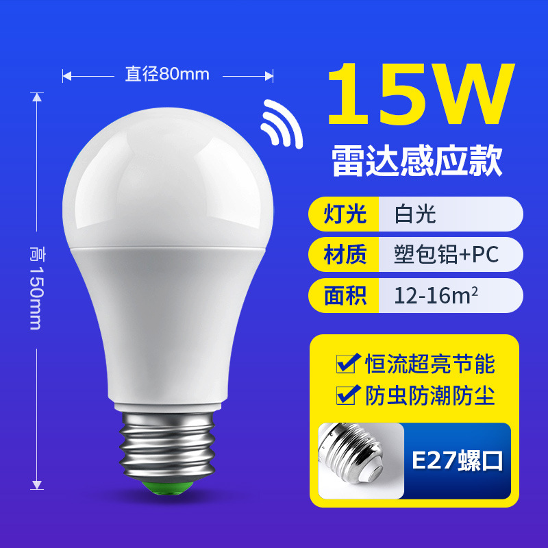 Bombilla LED con sensor de radar, sensor de cuerpo humano, control de sonido y luz, bombilla inteligente para propiedades, pasillos, ahorro de energía, casquillo E27.