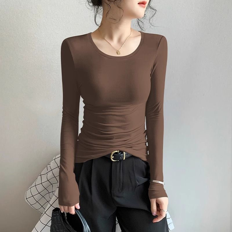 Slim-fitting Long-sleeved T-shirt For Women Solid Colour Top_voghion.com