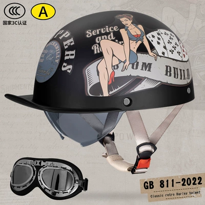 Motosiklet kaskı (dəbilqə) — Helmet Helmet Retro Harley Cruise - matte-black-poker-decal-goggles